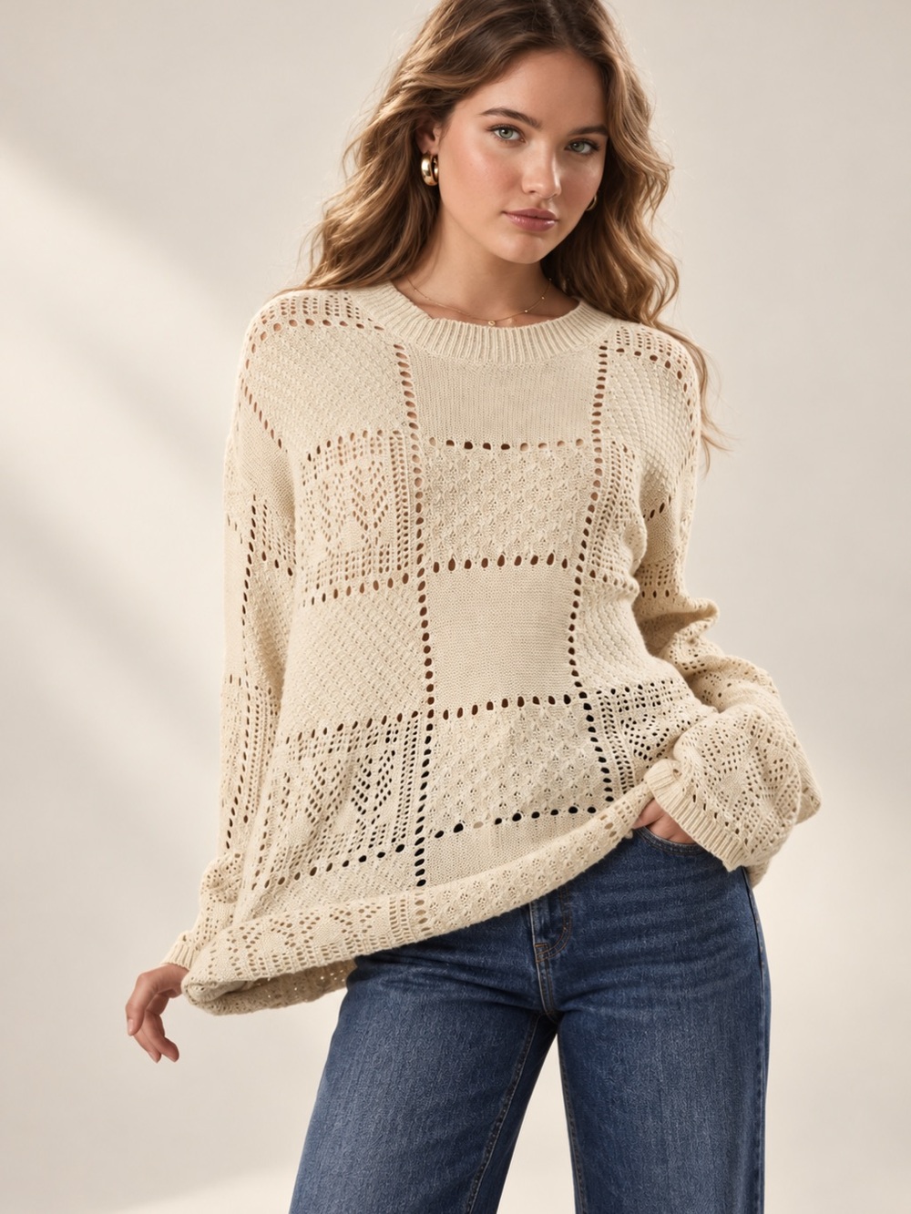 Le Lís Women’s Crochet Open-Knit Patchwork Long Sleeve Oversized Sweater Top NWT